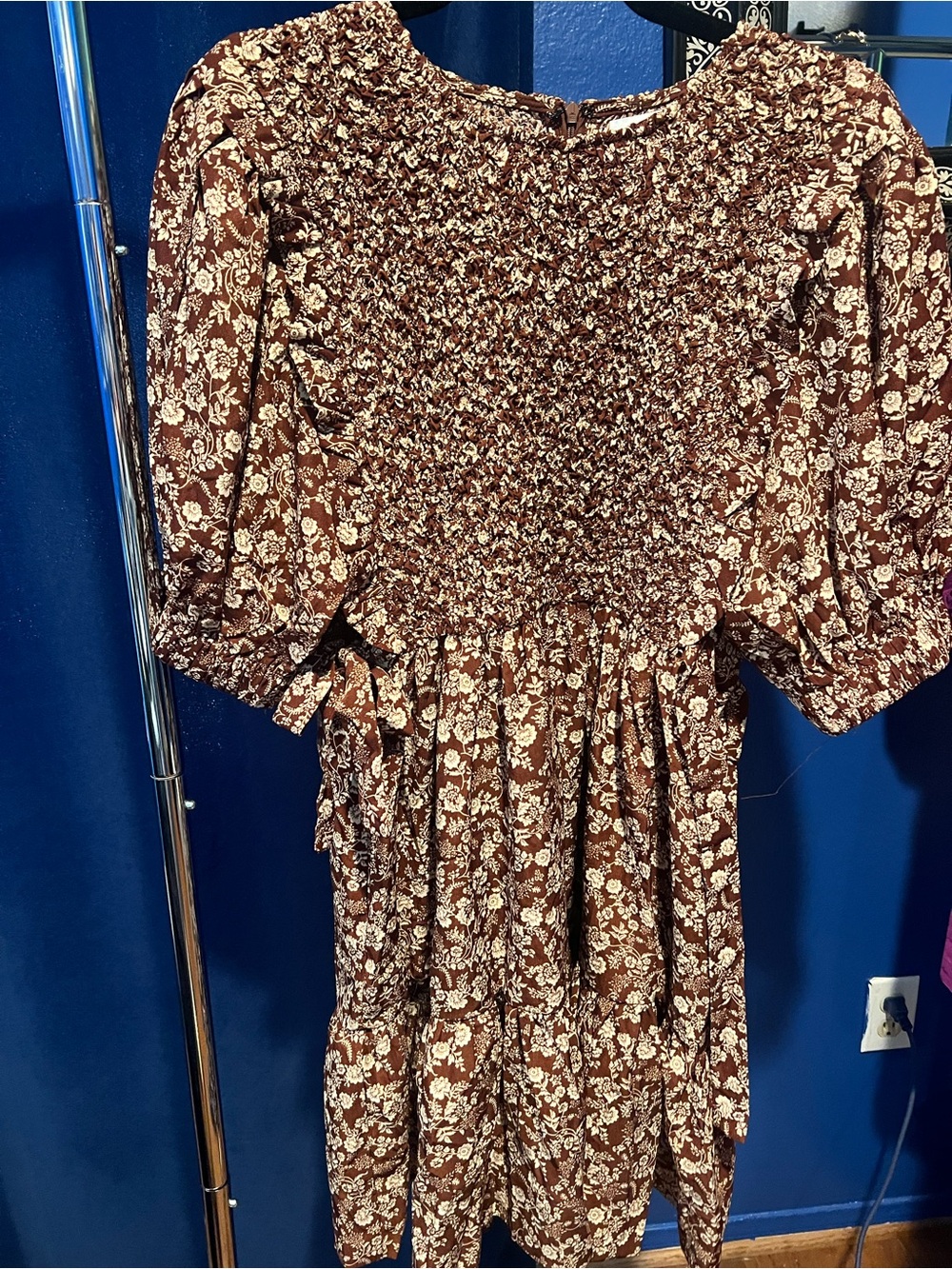 Brown Floral Shirred Waist Puff-Sleeve Dress